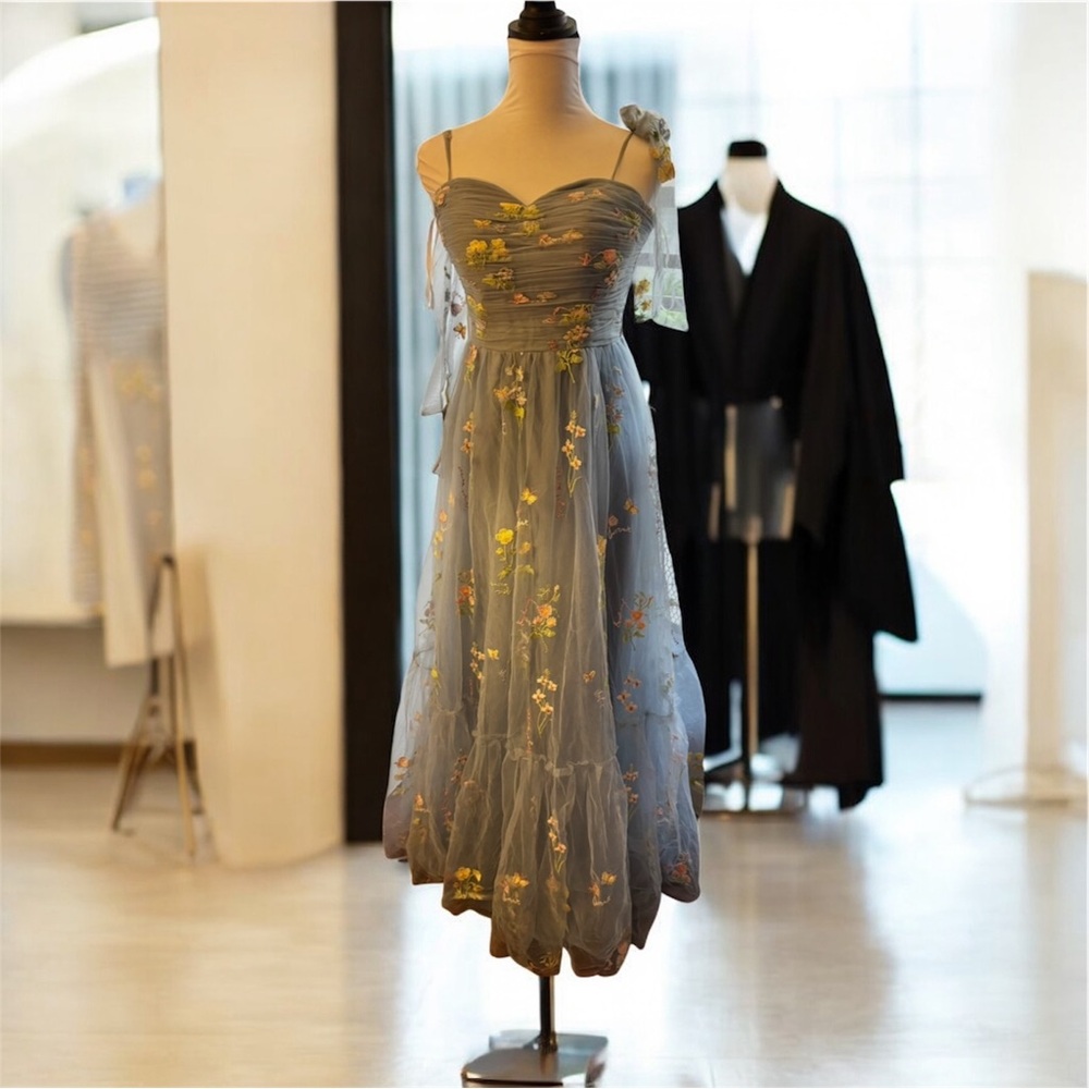 Floral Embroidered Blue Dress - Picture 3 of 11